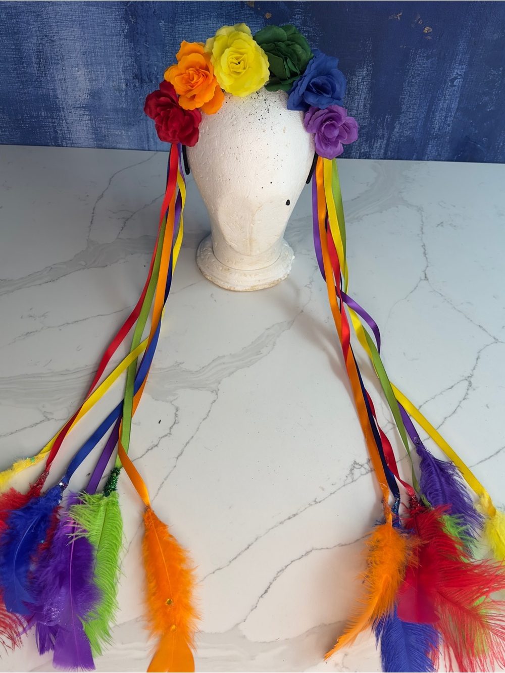 Rainbow Floral Headband Crown with Long Ribbon & Feather Tails